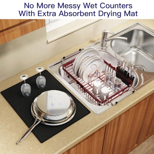 Red Expandable Dish Drying Rack Over Sink with Extra Drying Mat (Red / For 13"-30" W Sink with Mat)