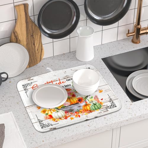 Fall Dish Drying Mats for Kitchen Counter Absorbent Autumn Dish Drainer Pad Home Decor (Thanksgiving Fall 511 / 18" x 16")