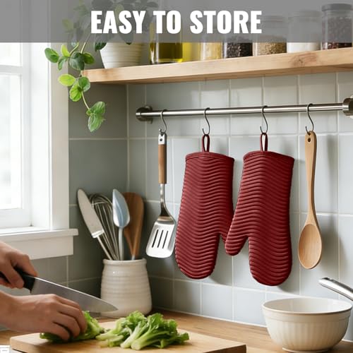Silicone Oven Mitts (2PCS-12"L x 7"W/RED-WAVE SURFACE)
