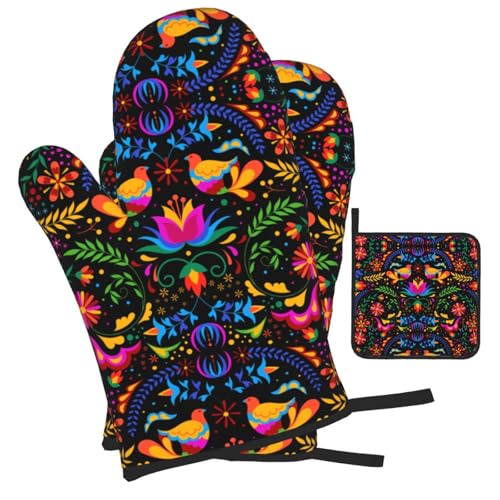 Mexican Floral Oven Mitts and Pot Holders Sets of 3 Colorful Flower (3 Count)