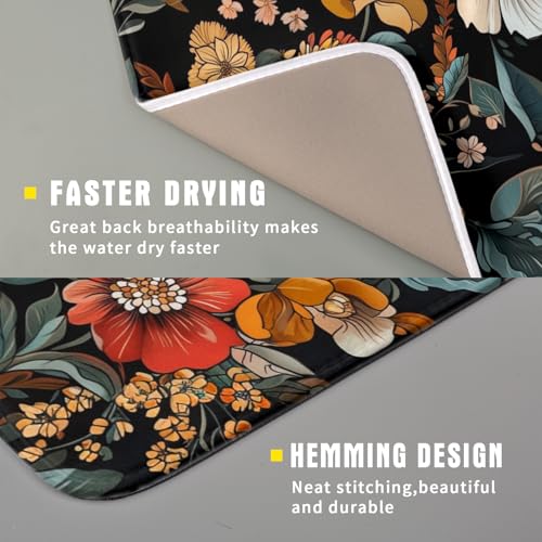 Vintage Floral Dish Drying Mat 16x18 inch Boho Flower Drainer Mats Fast Dry Absorbent Washable Dish Rack Pad Protector Kitchen Accessories (Vintage Floral / 16" x 18")