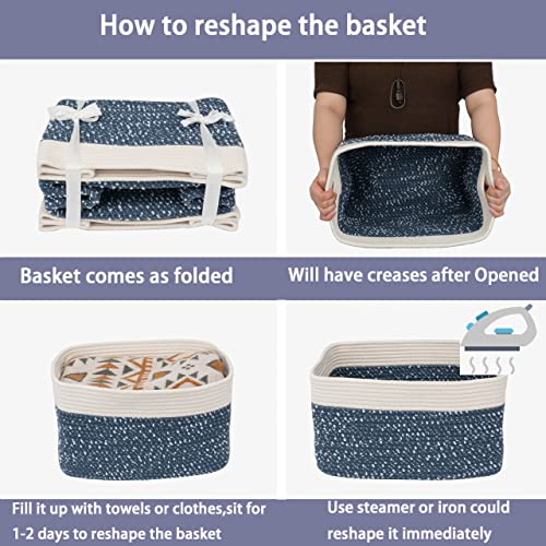 Woven Cotton Rope Storage Baskets 15x10x9.3" 3 Pack White and Blue (blue and white)