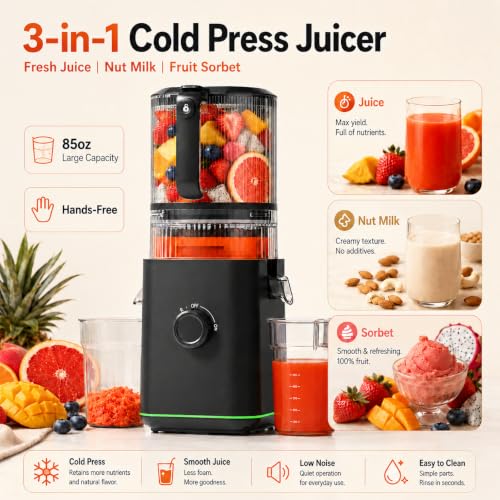 Aobosi 3-in-1 Juicer Machines, 6.5" Oversized Wide Feed Chute for Whole Fruits & Vegetables, 600 Max Cold Press Juicer with Pre-Cutter System, Triple Filtration, 99% Juice Yield (Black)