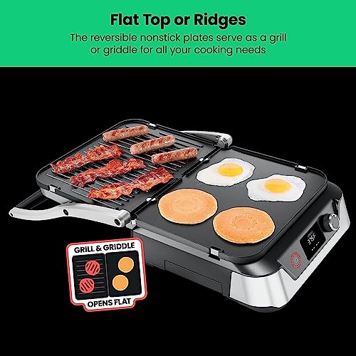 5-in-1 Digital Panini Press Grill Sandwich Maker and Griddle Grill Combo with Removable, Reversible Dishwasher-Safe Grilling Plates, Opens 180° for Indoor BBQ /Flat Top Grill, Stainless steel (4 Slice - Digital)