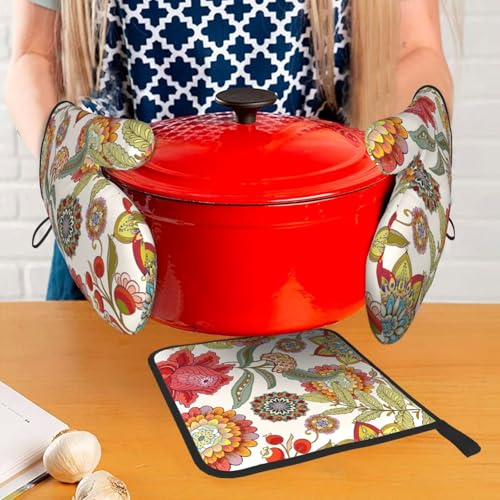 Boho Floral Oven Mitts and Pot Holders Sets of 3 Colorful Flower (Boho Floral)