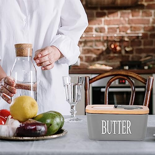 Ceramic Butter Dish with Bamboo Lid and Stainless Steel Knife Spreader Grey