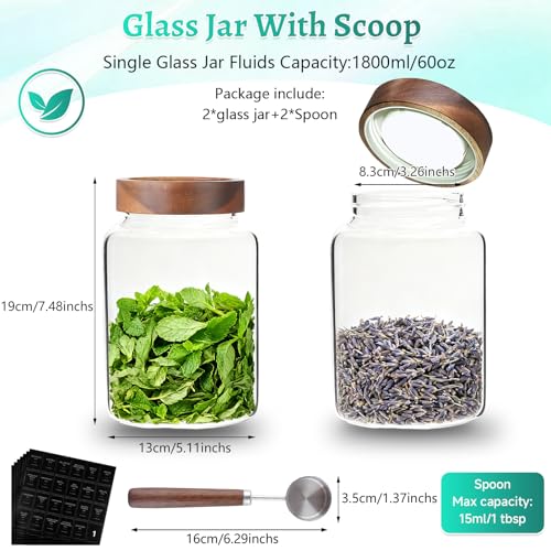 60 oz Glass Coffee Jars with Wooden Airtight Lid Spoon Clear Herb Ground Canister Round Food Storage Container for Sugar Pantry Flours Tea Coffee Bean Spice Cookies (1800ml/60oz-2PACK（with spoon))