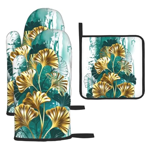 Teal Gold Green Leaves Oven Mitts and Pot Holders Set of 3 (Green Leaves)