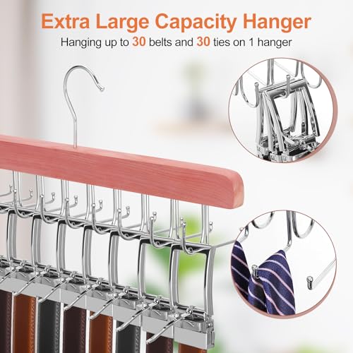 Cedar 2 Pack 2 in 1 Belt Tie Hanger for Closet Max 60 Belts with 60 Ties Capacity (Cedar-2 Pack)