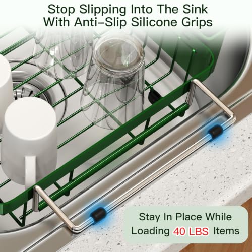 Green Expandable Dish Drying Rack Over The Sink with Anti Slip Grip (Green / For 13-30" W Sink)
