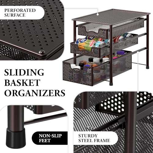 Stackable 3 Tier Sliding Basket Organizer Drawer (3-Tier / Bronze)