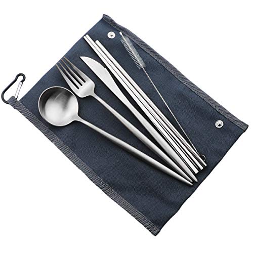 Reusable Travel Utensils (Blue Pouch / Silver)