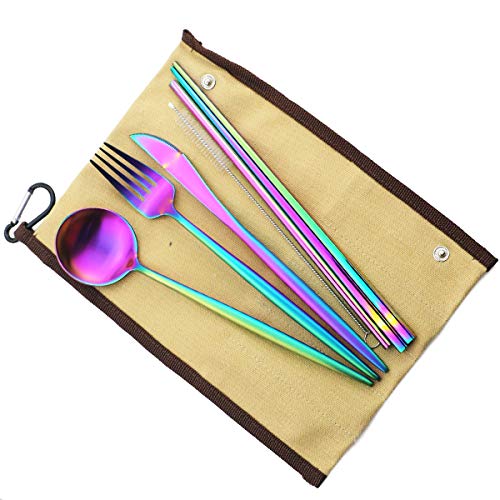 Reusable Travel Utensils (Khaki Pouch / Rainbow)