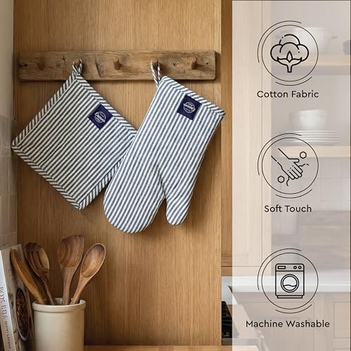 Oven Mitts and Pot Holders Set (Oven Glove + Pot Holder / Ticking Navy Blue)