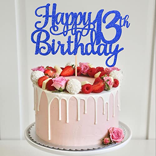 1 PCS Happy 13th Birthday Cake Topper Glitter Cheers to 13 Years Birthday Cake Pick Official Teenager 13 Fabulous Cake Decoration for Happy 13th Birthday Theme Party Decorations Supplies Blue (Blue / 13th)