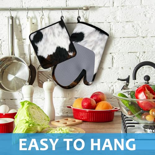Brown Cowhide Oven Mitts and Pot Holders Sets Heat Resistant 4Pcs Potholders Oven Gloves Hot Pads for Kitchen Baking Cooking Grilling BBQ (Brown Cowhide)