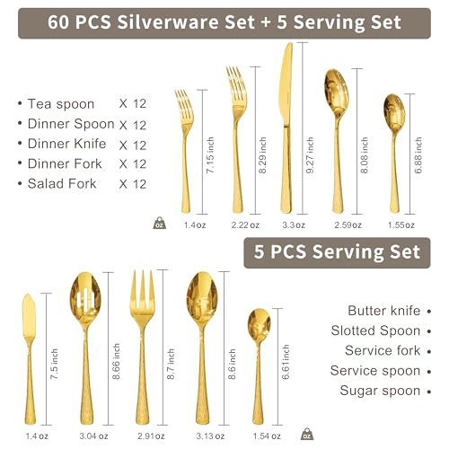 65 Piece Gold Silverware Set with Serving Utensils (65-Piece / Gold)