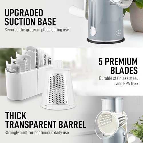 Rotary Cheese Grater Manual Hand Crank 5 Blade Shredder (5 Blades / Classic | Gray)
