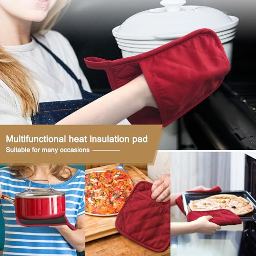 2Pcs Cotton and Neoprene Oven Pads Pot Holders with Pocket 8"x8.5" Dual (Red)