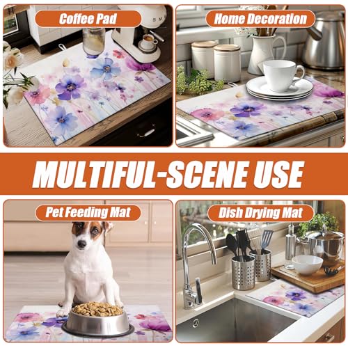 Watercolor Flowers Dish Drying Mat for Kitchen Counter Microfiber Absorbent Dish Kitchen Drying Mat Draining Reusable Washable for Dishes