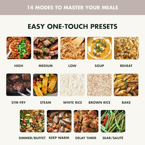 Elite 14-in-1 Programmable 6QT Electric Slow Cooker, Dishwasher Safe Lid & Removable Crock, PFAS-Free Healthy Ceramic Nonstick Multi-Cooker, Sear, Sauté, Brown, Steam Basket, Roast, Clay (6 Quarts / Clay)