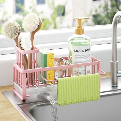 Sponge Holder for Kitchen Sink (Pink / with Dishcloth Holder)