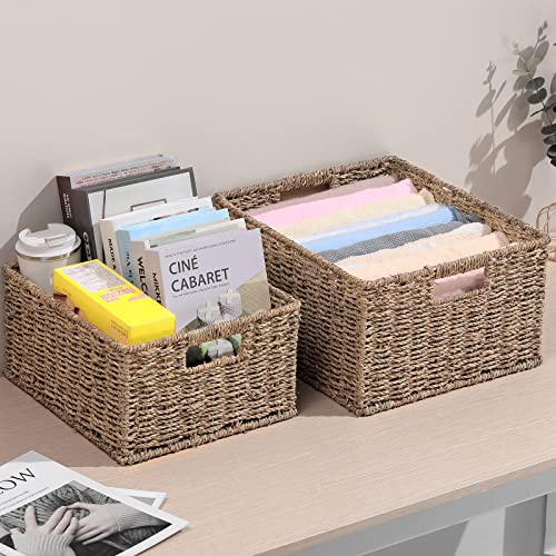 Large Wicker Baskets for Storage (15 x 12.8 x 7.5 inches / Natural (Seagrass))