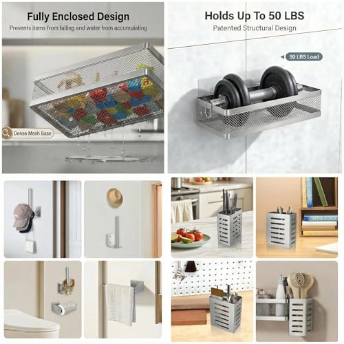 5-in-1 Wide Wall Mount Wrapped Mesh Kitchen Organizer & Shower Caddy Kit, with Paper Towel Holder, Utensil Holder, Soap Dish, Heavy Duty 50LBS - Silver Gray, Netting (Silver Grey / 5-in-1 Full Mesh (12.6" Wide))