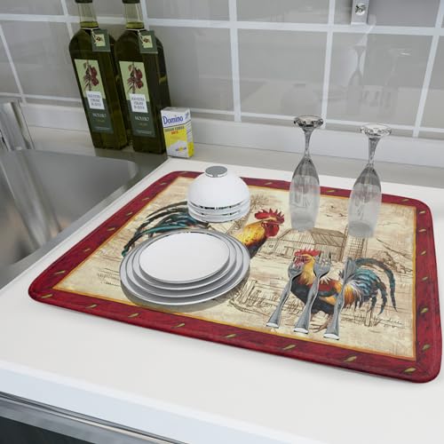 Farm Rooster Dish Drying Mat for Countertop 18x24 Inches Red Rustic Chicken Absorbent Microfiber Dry Dishes Pads Kitchen Counter Accessories (Red Rooster / 18" x 24")