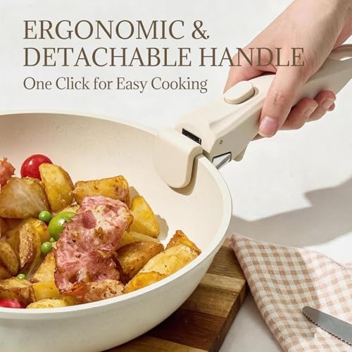 Ceramic Cookware Set Non Stick 8Pcs Pots and Pans Set Detachable Handle Induction Kitchen Cooking Set with Frying Pans Oven Dishwasher Safe (Cream White)