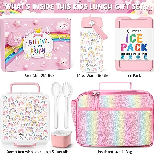 Kids Bento Lunch Box with Toddler Insulated Water Bottle Lunch Bag (A10. Rainbow)