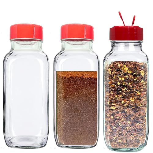 16 oz Glass French Square Spice Jars with Shaker Lids (French Square 16oz Red Set of 3)