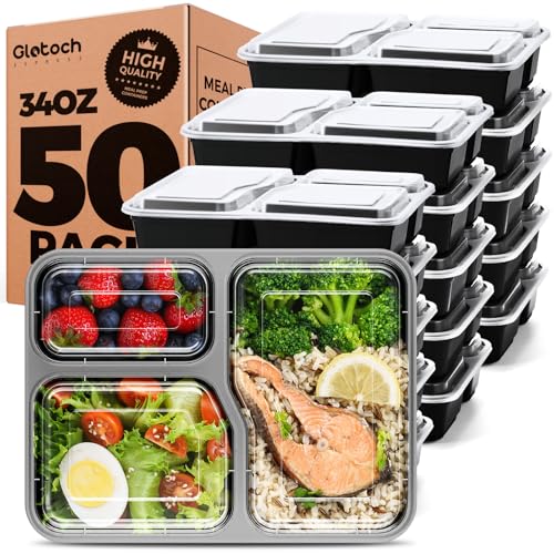 Glotoch 3 Compartment Meal Prep Containers with Lids (34oz-3comp-50pc)