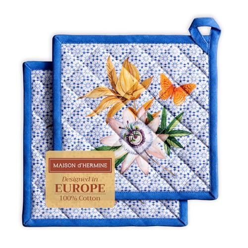 Pot Holders 100% Cotton Potholders (087 - Passiflora / 8" x 8" (Pot Holder Pack of 2))