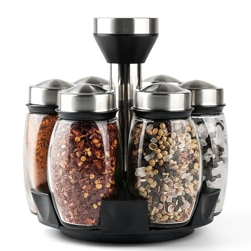 6 Pack Spinning Glass Spice Jars with Organizer Rack for Countertop