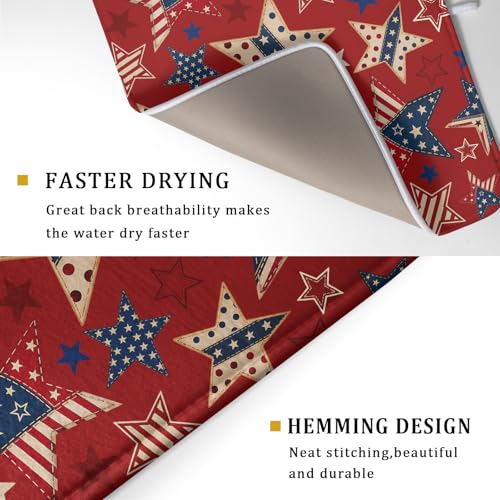 4th of July Dish Drying Mat for Kitchen Counter Patriotic Red Absorbent Dishes Dryer Pad 18 x 24 in (Patriotic Stars Red / 24" x 18")