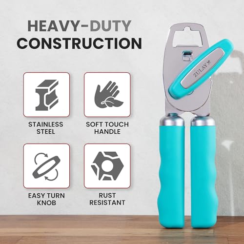 Manual Can Opener Heavy Duty Patented Stainless Steel (Turquoise / Comfy Grip)