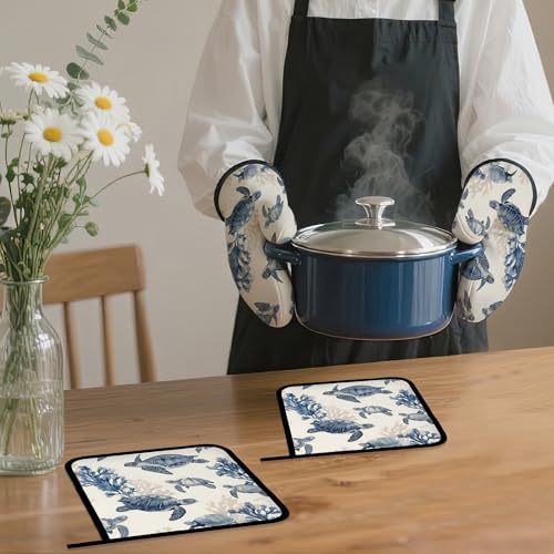 Turtle Coral Oven Mitts and Pot Holders Set (4 Count)