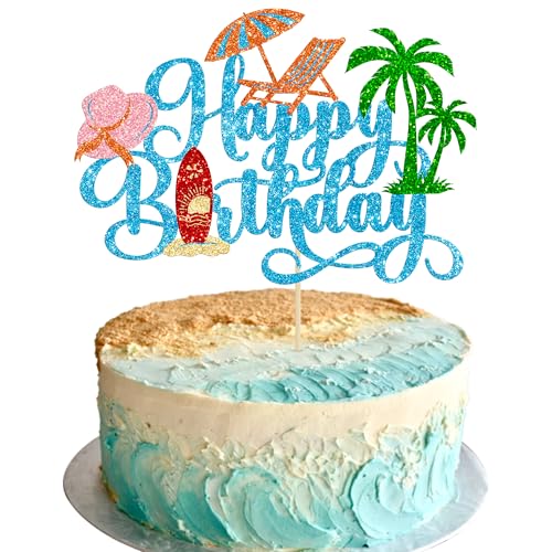 1Pcs Summer Beach Happy Birthday Cake Topper Glitter Ball Tree Umbrella Pool Cake Pick for Hawaiian Holiday Baby Shower Birthday Party Cake Decorations Supplies Blue