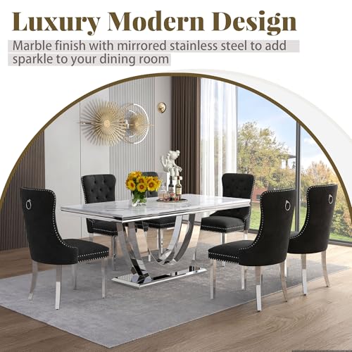 Marble Dining Table Set for 4 (Silver-white & Black Chairs / 5-piece (Table + 4 Chairs))