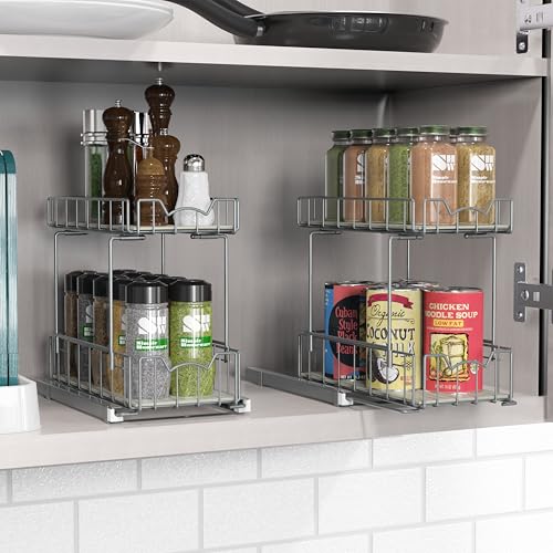 2 Tier Spice Rack Slide Out Wire Basket Drawer (Silver)