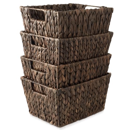Set of 4 Water Hyacinth Storage Baskets with Handles (Espresso - Hyacinth)
