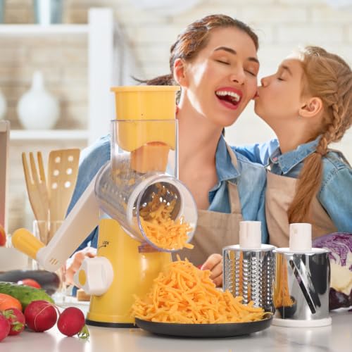 Rotary Cheese Grater Hand Crank Cheese Shredder for Fresh Cheese (3 BLADES / Yellow)