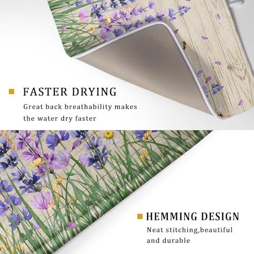 Lavender Floral Dish Drying Mat 18x24 inch Spring Summer Flower Decorative Fast Dry Dishes Drainer Mats Reversible Washable Dish Rack Pad (Lavender Floral / 18" x 24")