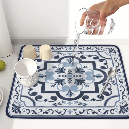Navy Flower Dish Drying Mat Modern Boho Microfiber Dishes Drainer Pad 16x18 Inch Absorbent Fast Dry Dish Rack Mat for Kitchen Counter Sink (Boho Navy Floral / 16x18 inch)