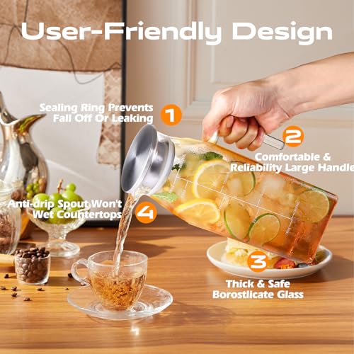 68oz Glass Pitcher with Lid and Handle for Fridge (Clear Square)