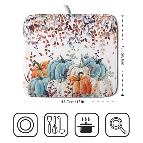 Fall Orange Pumpkin Dish Drying Mat Eucalyptus Leaves Drainer Rack Pad 16"x18" Microfiber Quick Dry Dish Sink Mat for Kitchen Counter Decor (Orange Pumpkin / 16x18 inch)