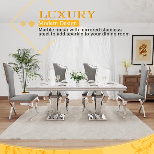7 Piece Luxury Dining Room Set (Silver White + Grey / Dining Table + 6 High Back Chairs)