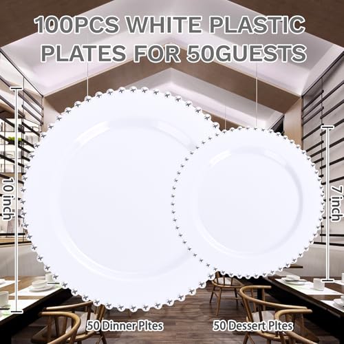 100pcs White Plastic Plates with Silver Beads for Bridal Showers (Silver and White Plastic Plates / 100PCS)