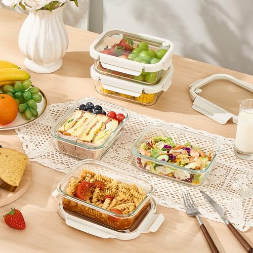 5 Pack Glass Food Storage Containers with Glass Lids & Air Vent (White / 35oz)